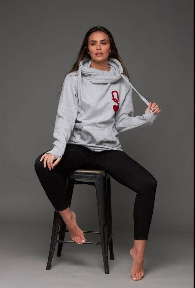 Ladies Queen of Hearts Luxe Hoodie Grey Red