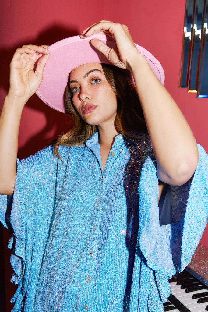 Sequin Poncho Button Down Top - Light Blue