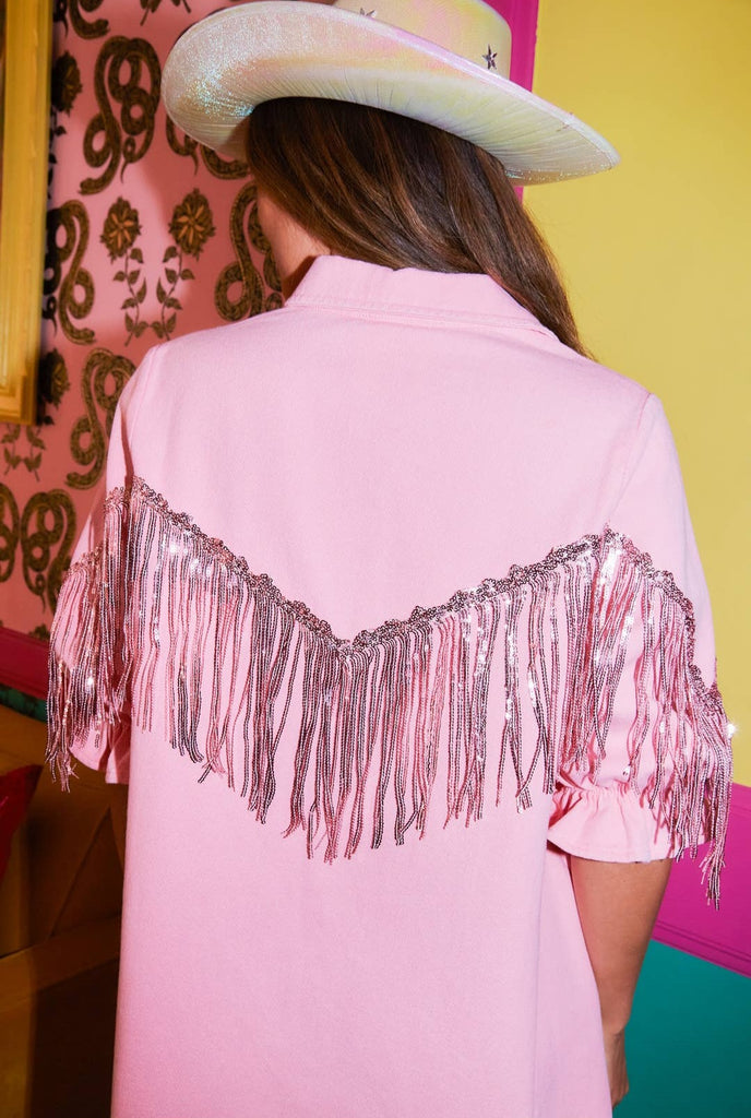 Metallic Fringe Shirt Dress - Baby Pink